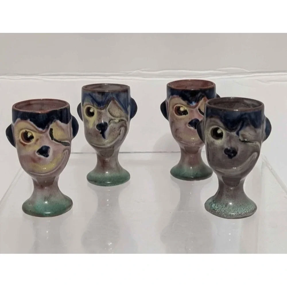 Monkey Shot Glasses Vintage Pottery Artist Signed Set Of Four Faces